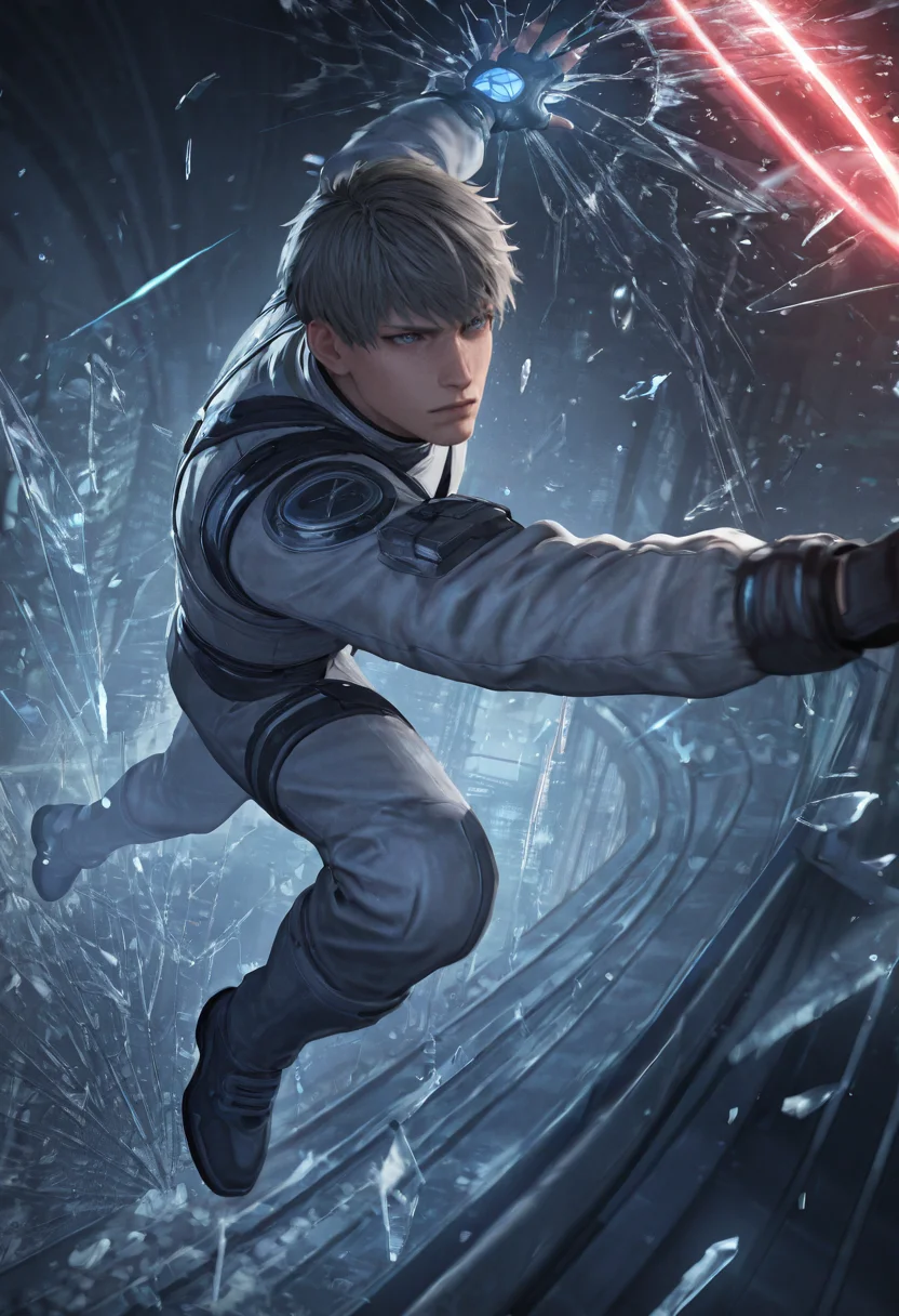 LADS_Xavier, LADS_Xavier_silver_hair, LADS_Xavier_blue_eyes, LADS_Xavier_white_suit, LADS_Xavier_gloves, LADS_Xavier_white_pants, solo, 1boy, dynamic action pose, midair flying through shattered glass, motion blur, glass_shards frozen in air, legs kicked back in kinetic leap, arms stretched wide in dive, intense focused stare, eyebrows furrowed, lips slightly parted, close-up:2.7, from the side, ultra detailed white sci-fi corridor, light source behind him, glowing radial blur, soft volumetric lighting, dramatic sci-fi ambiance, red and blue flare highlights, ultra detailed shading, absurdres, cinematic fantasy light, masterpiece, best quality, 8k resolution, octane render, <lora:LoveDeepSpace_Xavier-000010:0.8>