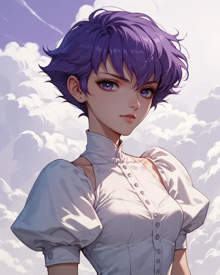 score_9, score_8_up, score_7_up, score_6_up, score_5_up, score_4_up, <lora:Kozue_Kaoru_Pony_XL:0.9> 1girl, kozue, short hair, purple hair, purple eyes, cloud background