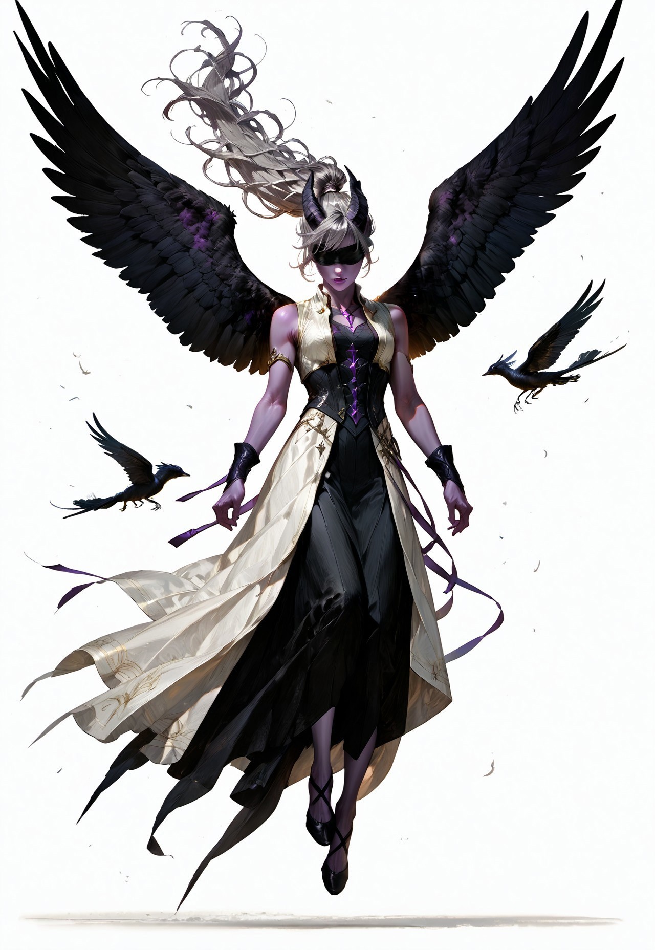 (absurdres, best quality, masterpiece:1.4), 
score_9, score_8_up, score_7_up, score_6_up, 
detailed, 
detailed body, 
detailed face, 
(((smooth skin, unbroken skin, detailed skin))), 
fantasy, 
alone, 

female, 
tiefling, 
h0rns, 
ram horns, 
black horns, 
tall, 
((((purple skin)))), 
((long grey hair, ponytail)), 
(((wingsd, black wings))),

floating, flying, hovering, weightless, 

(white robe, sleeveless, 
blindfold, black cloth blindfold), 

(((white background, plain background))), 
full body, 
front view, 