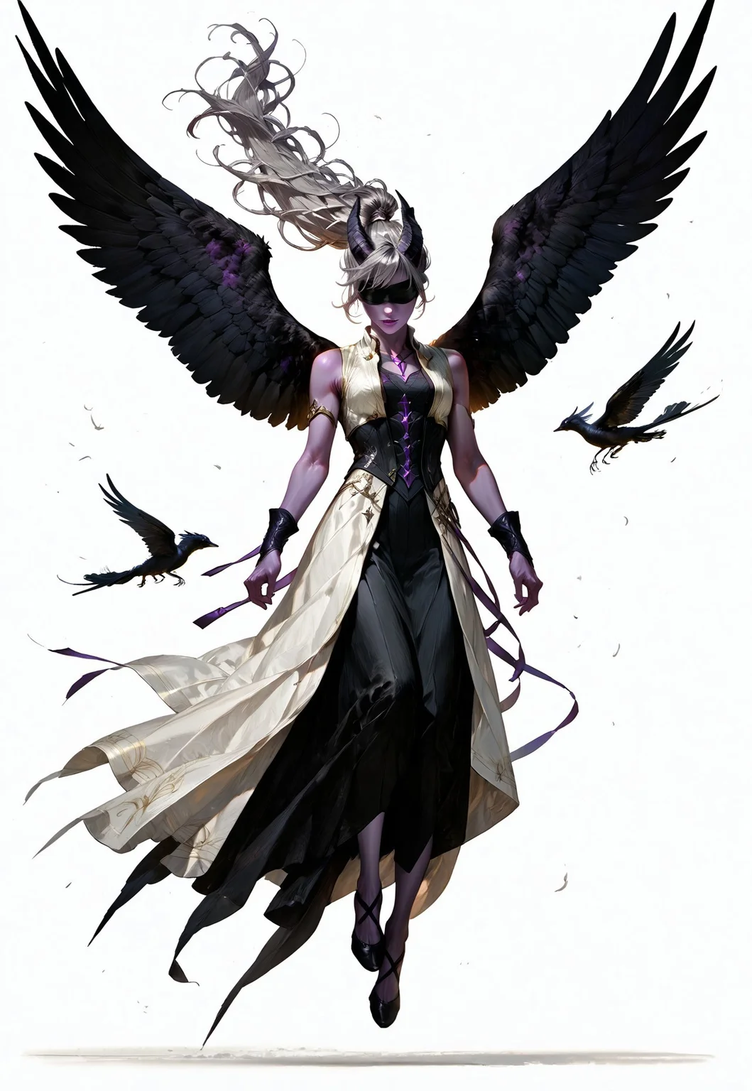 (absurdres, best quality, masterpiece:1.4),
score_9, score_8_up, score_7_up, score_6_up,
detailed,
detailed body,
detailed face,
(((smooth skin, unbroken skin, detailed skin))),
fantasy,
alone,
female,
tiefling,
h0rns,
ram horns,
black horns,
tall,
((((purple skin)))),
((long grey hair, ponytail)),
(((wingsd, black wings))),
floating, flying, hovering, weightless,
(white robe, sleeveless,
blindfold, black cloth blindfold),
(((white background, plain background))),
full body,
front view,