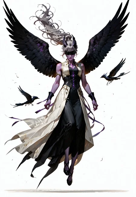 (absurdres, best quality, masterpiece:1.4),
score_9, score_8_up, score_7_up, score_6_up,
detailed,
detailed body,
detailed face,
(((smooth skin, unbroken skin, detailed skin))),
fantasy,
alone,
female,
tiefling,
h0rns,
ram horns,
black horns,
tall,
((((purple skin)))),
((long grey hair, ponytail)),
(((wingsd, black wings))),
floating, flying, hovering, weightless,
(white robe, sleeveless,
blindfold, black cloth blindfold),
(((white background, plain background))),
full body,
front view,