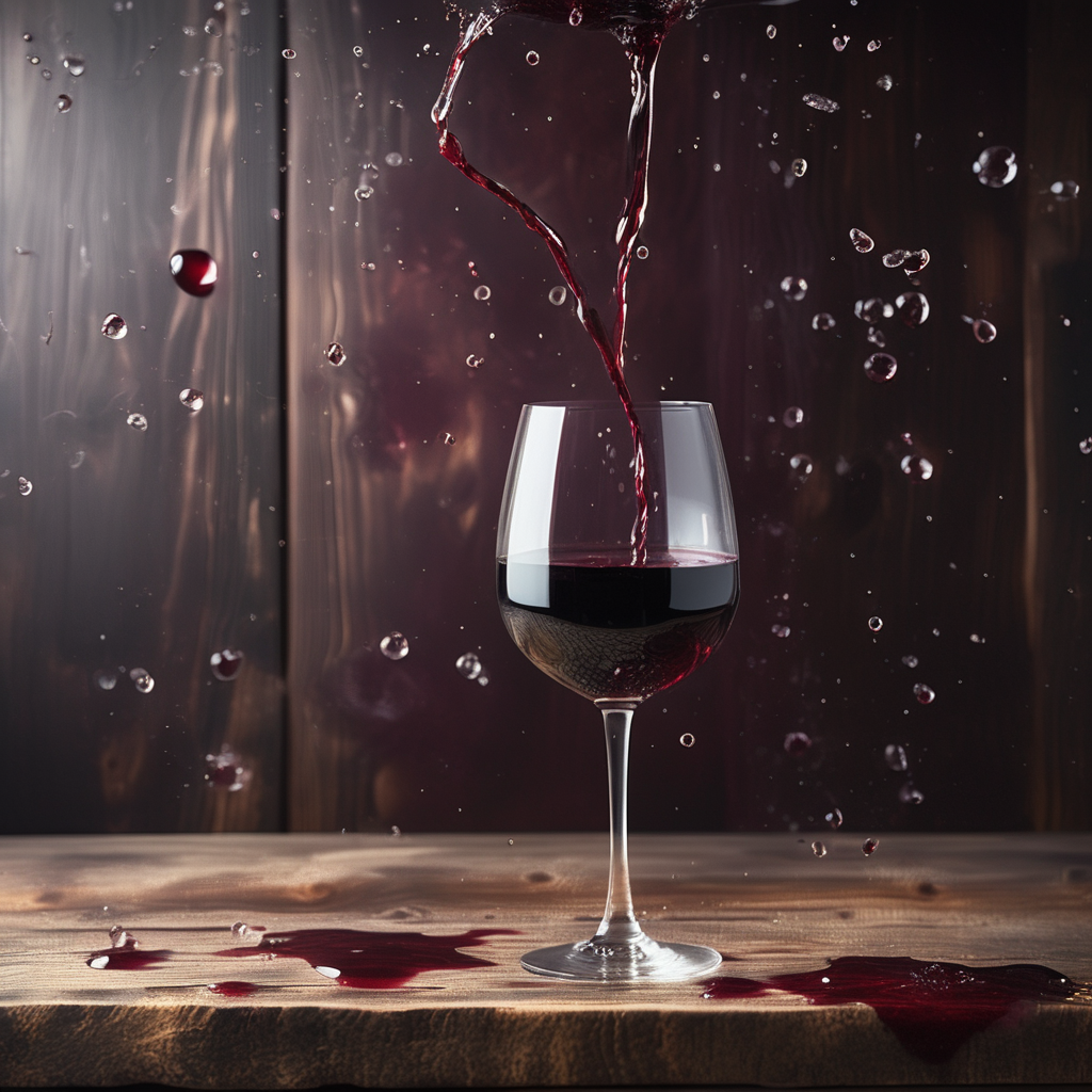 product photo cinematic photo still life interior kitchen,  dry wooden table, (wine glass:1.2) of red wine standing on( wooden kitchen table:1.1),   wine splash,  surface ripples texture, stains <lora:Ripples-SDXL:1>  <lora:Grit-SDXL:1>  <lora:offset_0.2:-1> . 35mm photograph, film, bokeh, professional, 4k, highly detailed closeup, with photo lens cracked and greasy, realistic concept