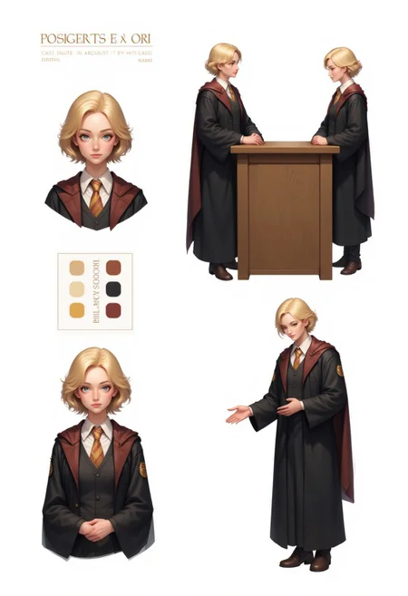 CharacterDesignFLUX,reference sheet,white background,simple background,multiple views, upper body, front, from side, color palette reference, high_detailed, captured in high detail, blond, girl, hogwarts, student, arrogant, holding hands, arrogant, judging, diligent, serious, professionnal stance, humble stance,