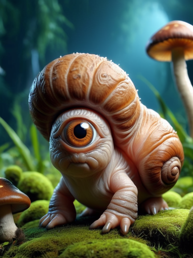 snail Monster, mushrooms shell, adorable, (cute), detailed, realistic, 8k uhd, high quality, cyclops  <lora:cyclops:1>