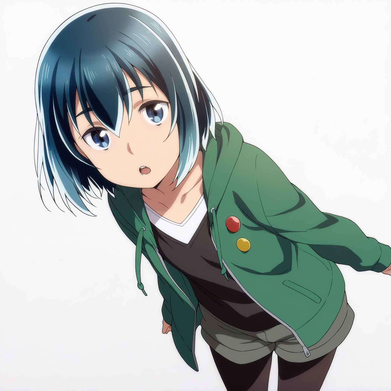 sharp focus, pixiv masterpiece, score_9, score_8_up,  source_anime, score_7_up, best quality, high res, absurd res, BREAK
sharp focus, pixiv masterpiece, score_9, score_8_up,  source_anime, score_7_up, best quality, high res, absurd res, BREAK
 <lora:Hina_hinamatsuri_illustrious_v32:1>, hina_matsuri_il, (1girl, solo:1.8), short_hair, blue_hair, blue_eyes, green_hooded_jacket, red_button, yellow_button, (grey_green_puffy_shorts:0.9), black_stockings, black_vneck, white_trim, white background, medium shot, arms at sides