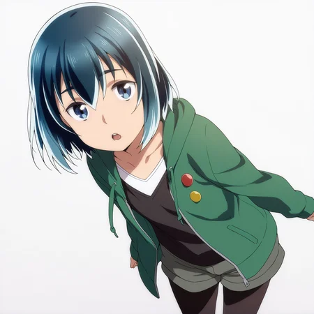 sharp focus, pixiv masterpiece, score_9, score_8_up, source_anime, score_7_up, best quality, high res, absurd res, BREAK
sharp focus, pixiv masterpiece, score_9, score_8_up, source_anime, score_7_up, best quality, high res, absurd res, BREAK
<lora:Hina_hinamatsuri_illustrious_v32:1>, hina_matsuri_il, (1girl, solo:1.8), short_hair, blue_hair, blue_eyes, green_hooded_jacket, red_button, yellow_button, (grey_green_puffy_shorts:0.9), black_stockings, black_vneck, white_trim, white background, medium shot, arms at sides