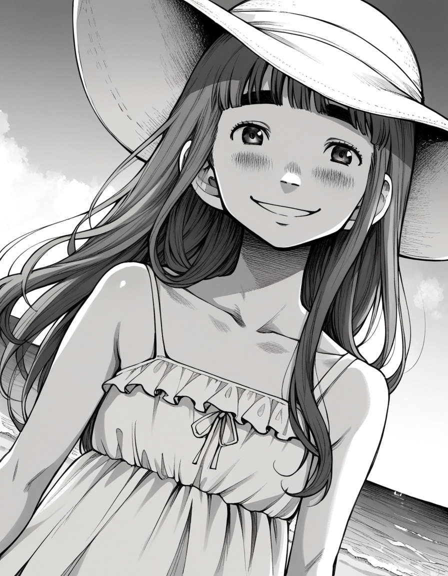 score_9, score_8_up, score_7_up, source_anime,
aikotanaka, <lora:aiko-tanaka-manga-ponyxl-lora-nochekaiser:1>,
aiko tanaka, long hair, bangs, thick eyebrows, blush, greyscale, monochrome,
dress, white dress, collarbone, bare shoulders, sundress, sun hat,
outdoors, beach, smile,
looking at viewer, cowboy shot, solo, dutch angle,