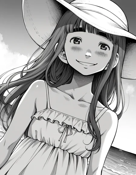 score_9, score_8_up, score_7_up, source_anime,
aikotanaka, <lora:aiko-tanaka-manga-ponyxl-lora-nochekaiser:1>,
aiko tanaka, long hair, bangs, thick eyebrows, blush, greyscale, monochrome,
dress, white dress, collarbone, bare shoulders, sundress, sun hat,
outdoors, beach, smile,
looking at viewer, cowboy shot, solo, dutch angle,