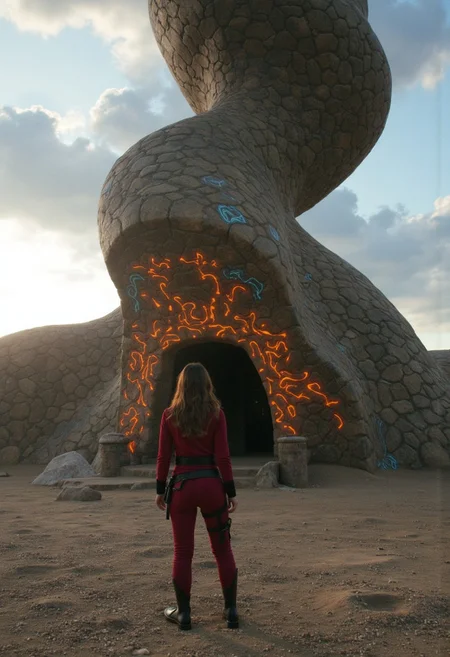 Color-grain Star Wars style summer scene of a Jedi warrior in a tight red combat suit, her billowing long hair flowing behind her as she stands before a colossal, ancient stone shrine that spirals skyward like a twisted snail shell. The surface of the shrine is adorned with glowing orange and blue light lines, creating a magical and mysterious aura. Sunrise light pierces through fluffy clouds, casting extreme volumetric lighting and an atmospheric haze over the scene. Film grain adds a cinematic touch, with shallow depth of field enhancing the epic, moody atmosphere, creating a highly detailed, high-budget cinemascope moment.