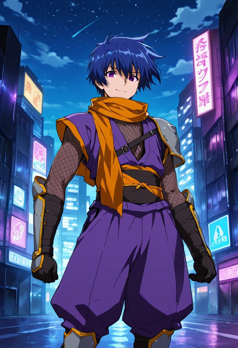 score_9,score_8_up,score_7_up,source_anime,5_figner,2d_animation,game cg,BREAK,1boy,solo,
Akiyama Tatsurou,blue hair,purple eyes,short hair,scarf,shoulder armor,ninja,gauntlets,fishnets,vambraces,black gloves,tabi,
cowboy shot,smile,
front view,standing,looking at viewer,
skyscraper, neon light, starry, edge, tile,outdoor,cloud,
masterpiece,best qualit,ultra-detailed,illustration,an extremely delicate and beautiful,beautiful detailed eyes,unity 8k wallpaper,high resolution,anime CG,official_art,