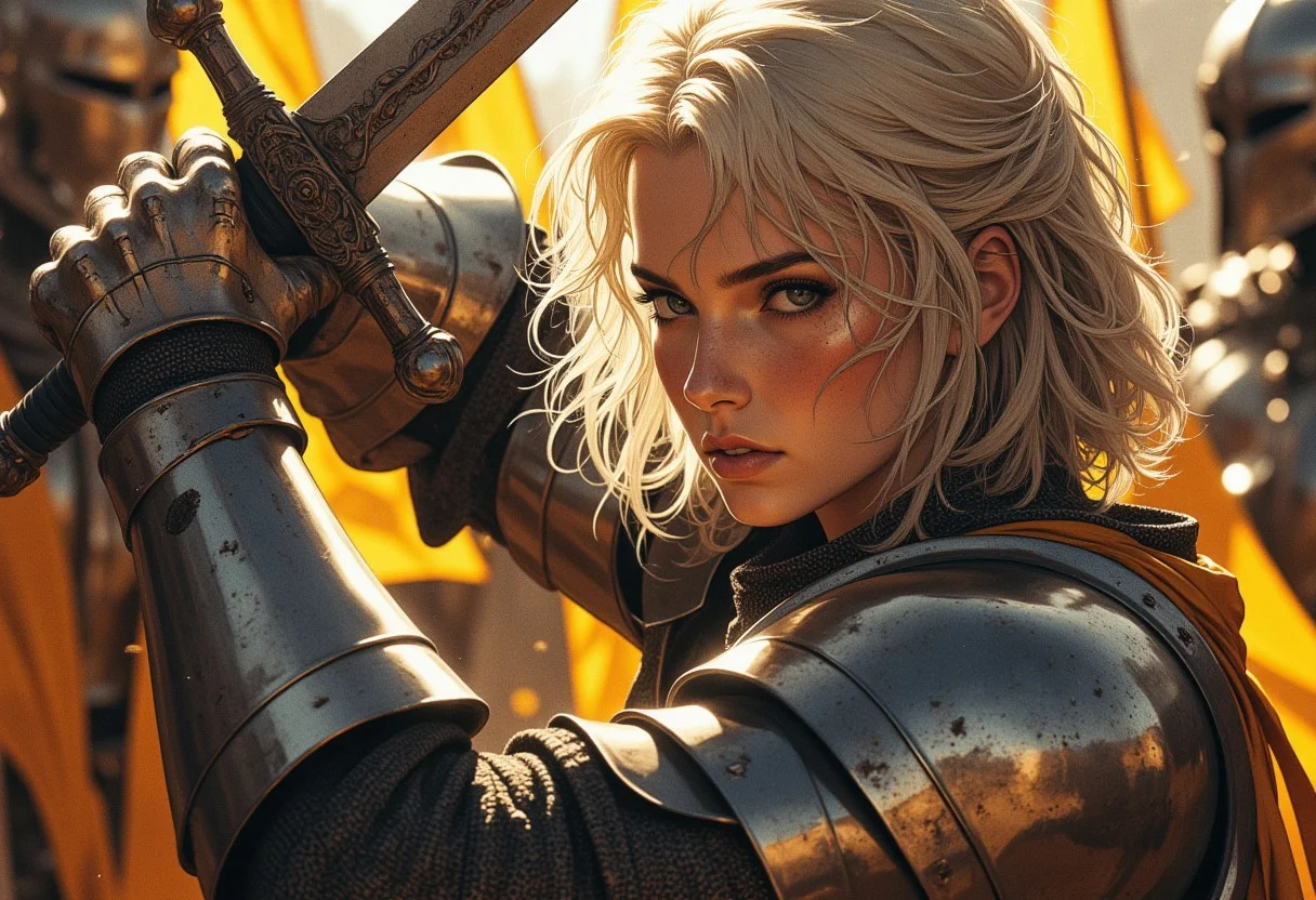 A female knight of a holy order fights for her life as she is knocked the ground, raising her worn iron long sword above her head to defend against an impending strike. She wear holy templar knight armor, has short cropped blonde hair. She looks battleworn and weary but determined. Action scene, cinematic, well posed, very pretty and attractive, masterpiece, battle field background but focusing more on the story of the scene we are presented, focusing on her struggle for survival.