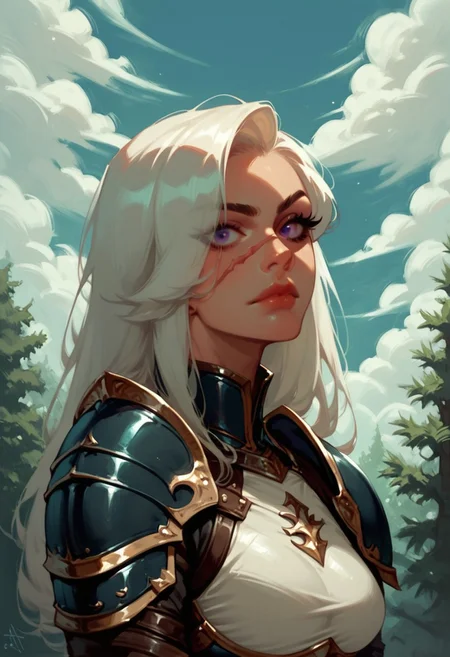 1girl, armor, scar, solo, scar on face, white hair, long hair, hair over one eye, looking at viewer, purple eyes eyes, outdoors, upper body, breastplate, medium breasts, shoulder armor, tree, makeup, lip gloss, day, scar across eye, sky, , cloud, , shoulder plates, pauldrons, breasts, nature, eyelashes, scar on nose, scar on cheek, closed mouth, forest, blue sky, one eye covered
, <lora:Ri-MIX_A_Illustriousv2-000009:1> rimixa,, looking at viewer,, , score_9, score_8_up, score_8_up,