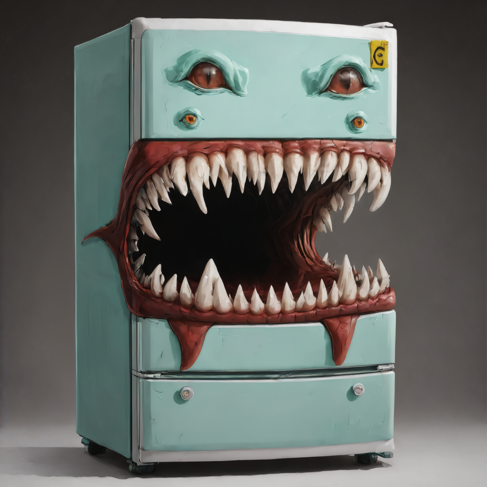 large teeth, gaping mouth, a Refrigerator mimic<lora:EnvyMimicXL01:1>