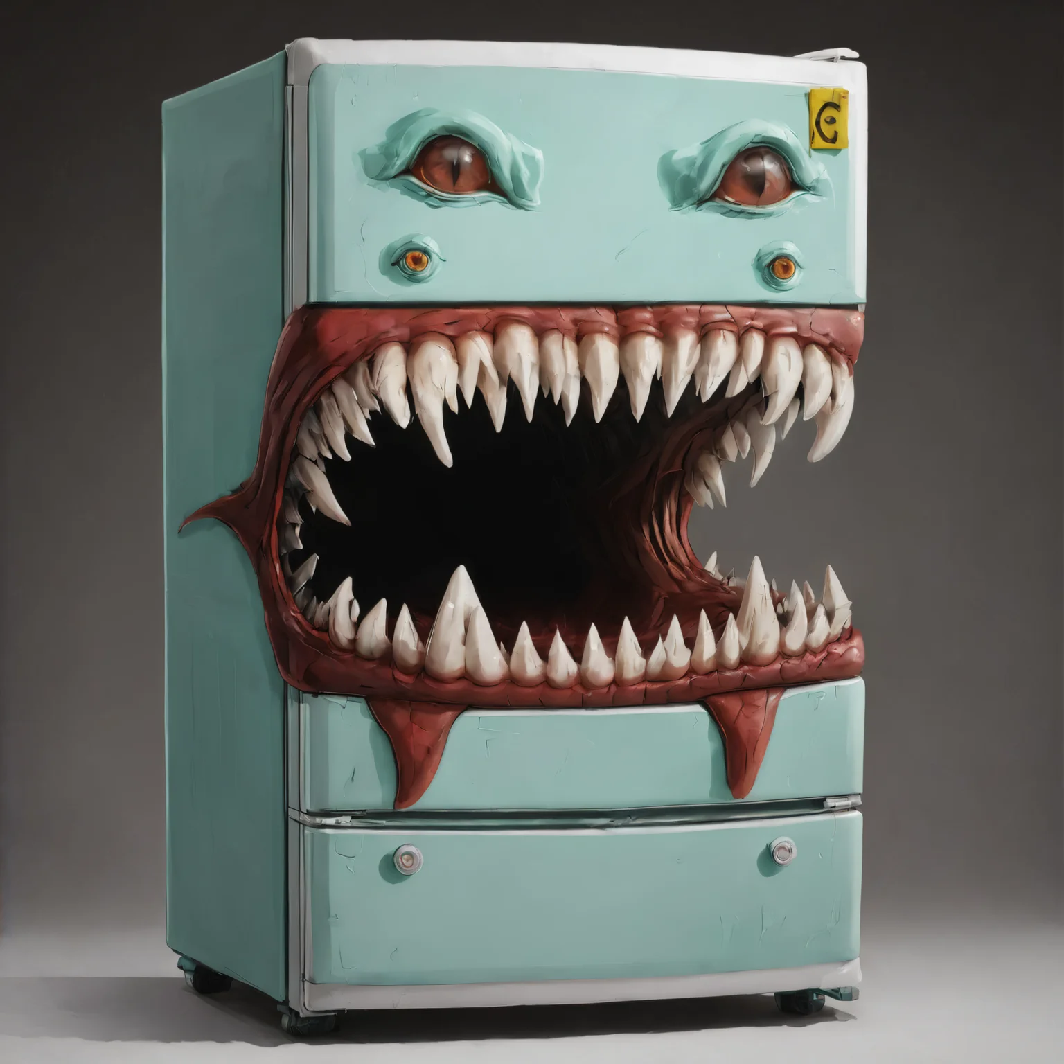 large teeth, gaping mouth, a Refrigerator mimic<lora:EnvyMimicXL01:1>