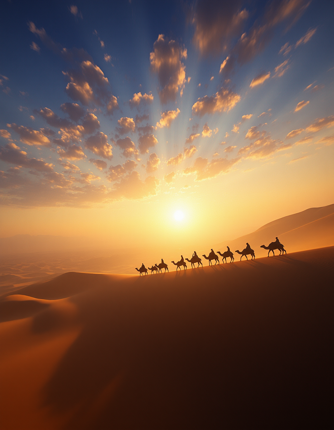 Imagine an image of a desert caravan traveling across vast dunes, the sun casting long shadows on the sand.
