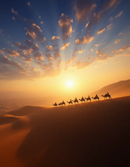 Imagine an image of a desert caravan traveling across vast dunes, the sun casting long shadows on the sand.