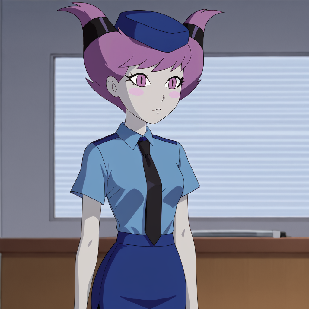 <lora:jinxteentitans_pony_v1:.9> Jinx, 1girl, solo,  purple eyes, purple hair,  horns, blush stickers, short hair, colored skin, medium  breasts, <lora:0820 tokisaki kurumi policewoman fan costume_v1_pony:1> ruanyi0820,black necktie,blue hat,blue shirt,blue skirt,black pantyhose,short sleeves,pencil skirt