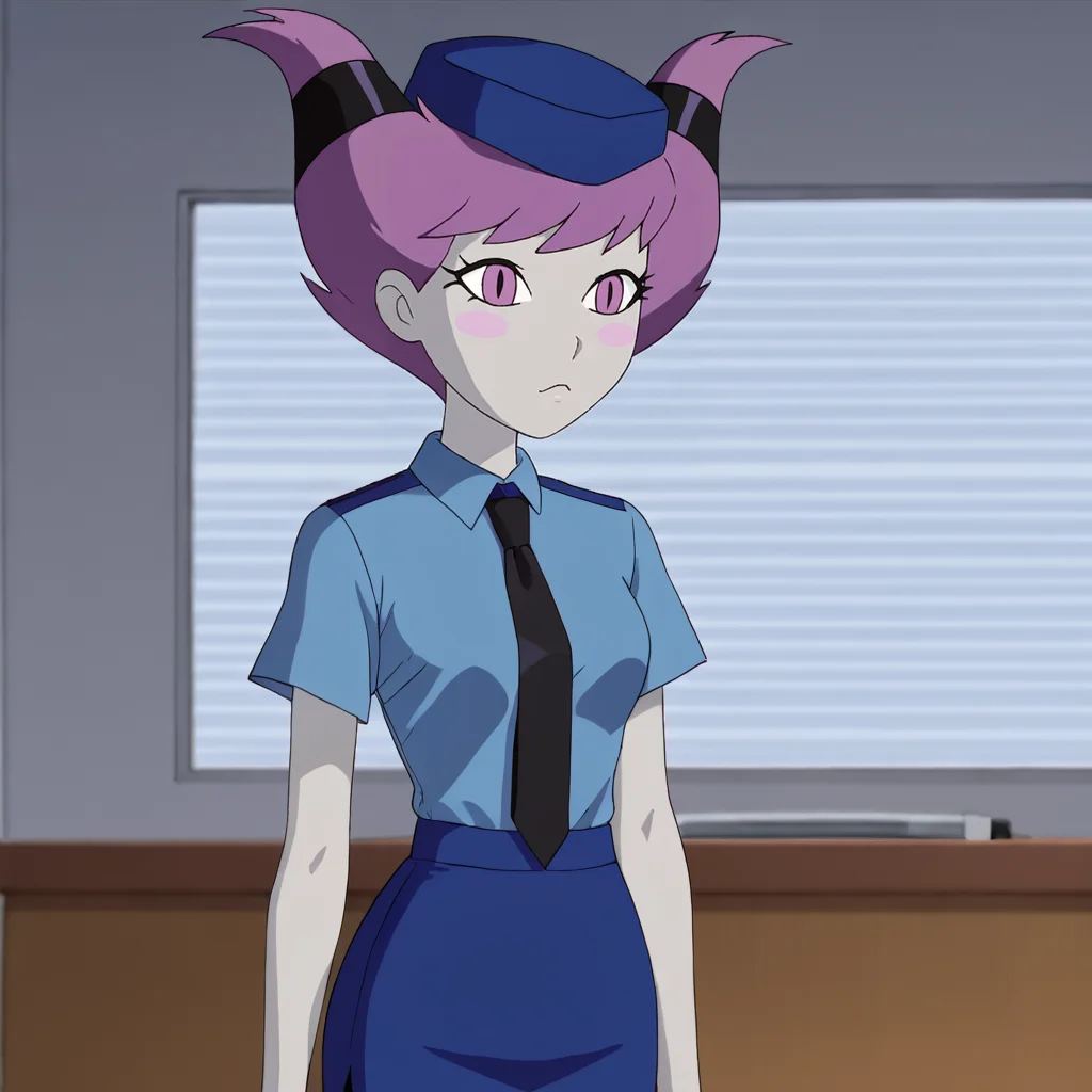 <lora:jinxteentitans_pony_v1:.9> Jinx, 1girl, solo,  purple eyes, purple hair,  horns, blush stickers, short hair, colored skin, medium  breasts, <lora:0820 tokisaki kurumi policewoman fan costume_v1_pony:1> ruanyi0820,black necktie,blue hat,blue shirt,blue skirt,black pantyhose,short sleeves,pencil skirt