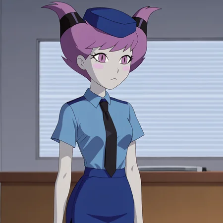 <lora:jinxteentitans_pony_v1:.9> Jinx, 1girl, solo,  purple eyes, purple hair,  horns, blush stickers, short hair, colored skin, medium  breasts, <lora:0820 tokisaki kurumi policewoman fan costume_v1_pony:1> ruanyi0820,black necktie,blue hat,blue shirt,blue skirt,black pantyhose,short sleeves,pencil skirt