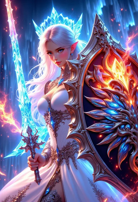 realistic. beautiful girl,long white hair,white dress,goddess, anime,female worrior,wings, wings recembling crystals, glowing wings,beautiful girl,long hair, glowing, illuminescent, iridescent,digital art, vivid colors, fire, glowing,fantasy, digital art, glowing, detailed (holding a glowing sword in right hand and a glowing magical shield in left hand by the handle infront of her:1.2) Sword and shield, mythp0rt