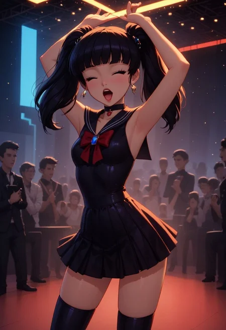 Futuristic Idol ,18 years old, pettite, black hair, bioluminescent dress,sailor senshi uniform, mega twintails , singing to audience BREAK publica, show, stage, lights, crowd, machine, mecánic, future style, neon