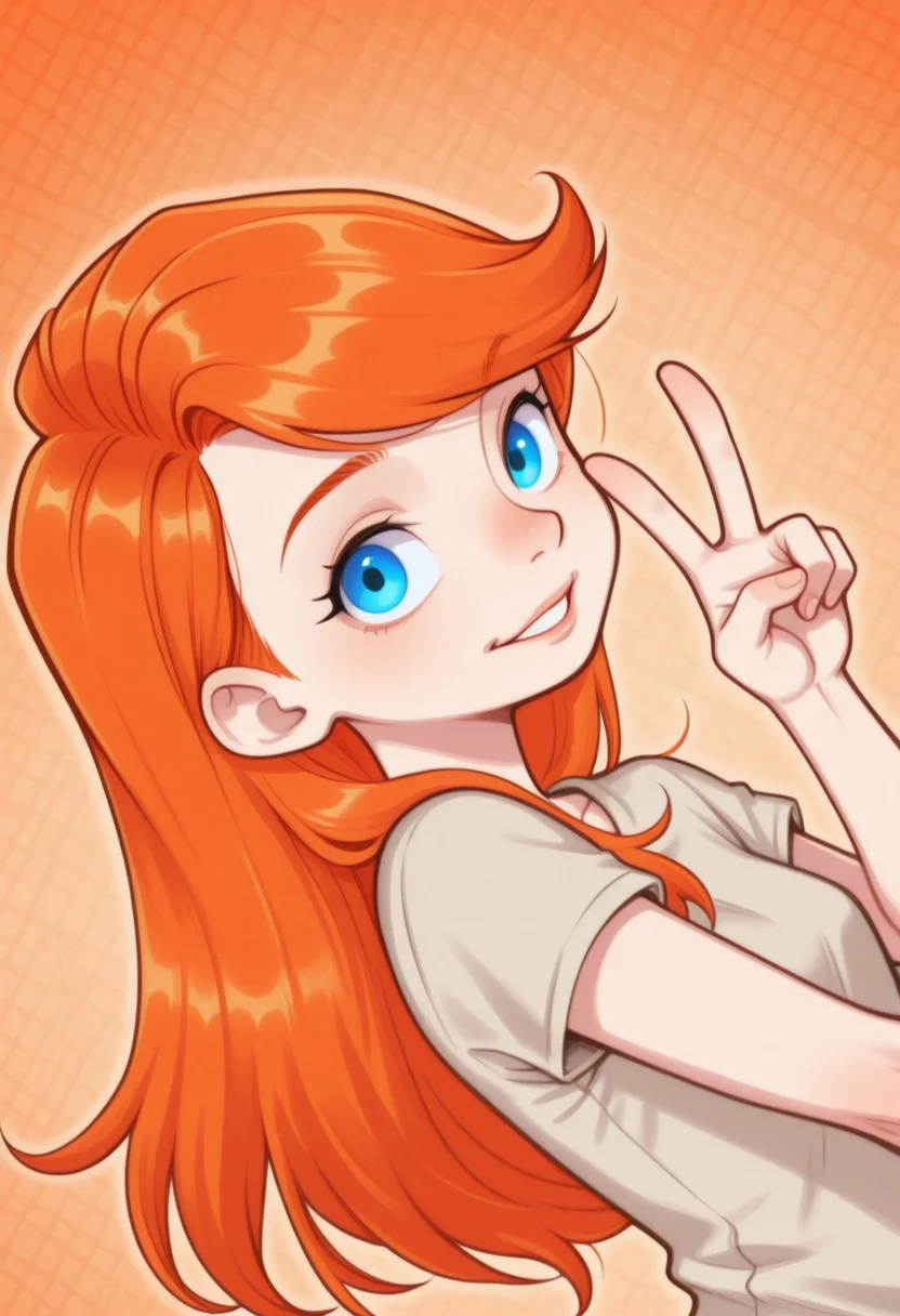 Riley_Daring, orange hair, blue eyes, long hair, 1girl, solo, looking at viewer, smile, dynamic pose, parted lips, v, upper body, posing, pose, abstract background, dynamic angle, c7ilf,