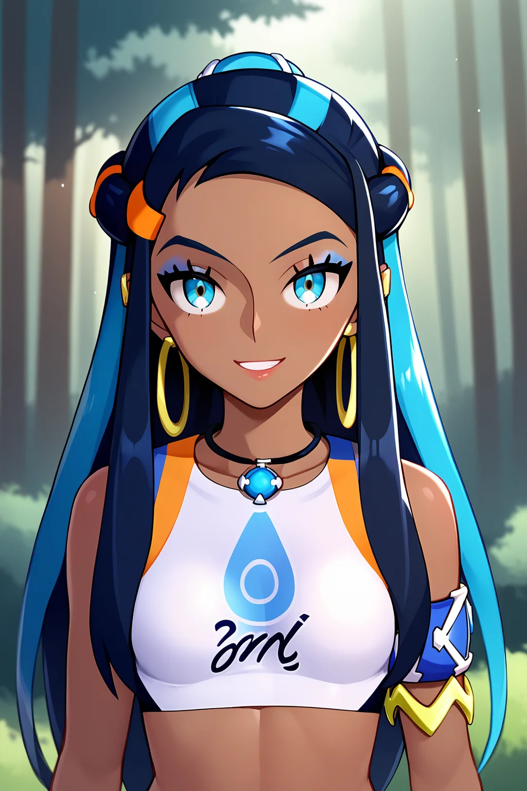 score_9, score_8_up, score_7_up, score_6_up, BREAK, NessaPXL, dark skin, colored skin, blue eyeshadow, blue eyes, black hair, blue hair, colored hair, long hair, hair bun, hoop earrings, small breasts, necklace, white crop top, sleeveless, solo, front view, (portrait, upper body), solo focus, seductive smile, looking at viewer, forest <lora:NessaPXL:1>
