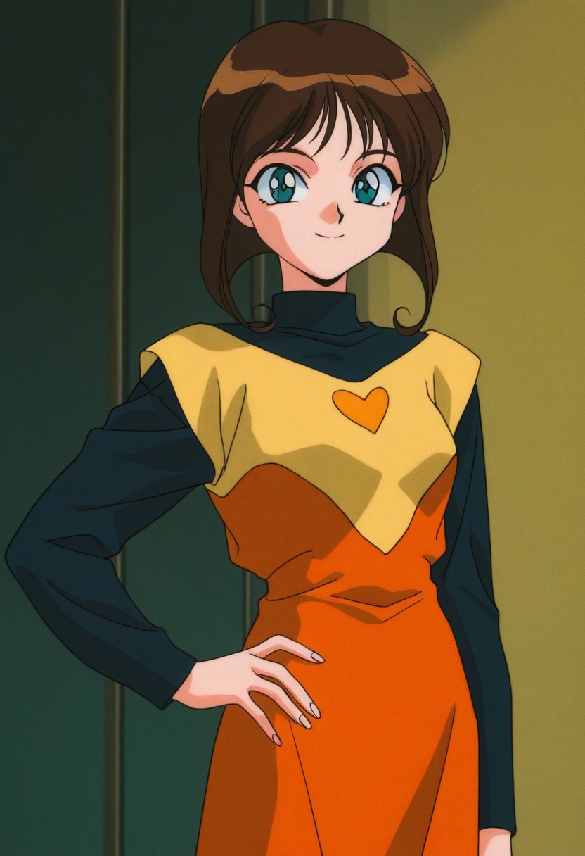 score_9, score_8_up, score_7_up, source_anime,masterpiece, best quality,1990s_(style),1girl1990s_(style),1girl, Kurumi_Tomonaga, solo,aqua_eyes, brown_hair, short_hair, small_breasts, orange_dress, long_sleeves,(detailed face and eyes,smile),looking at viewer,(cowboy shot,hand on hip),,indoor,livingroom