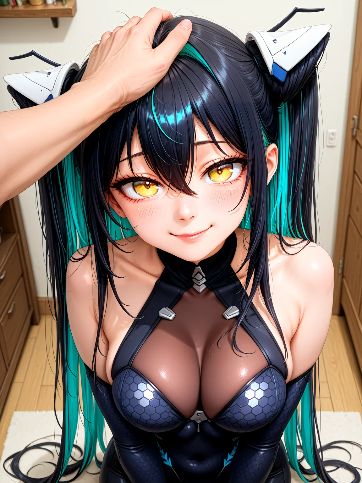 1girl, solo focus, sirenlittlemermaidnikke, very long hair, hair intakes, twintails, hair between eyes, multicolored hair, colored inner hair, two-tone hair, black hair, aqua hair, yellow eyes, large breasts, BREAK,
black bodysuit, backless bodysuit, halterneck, covered navel, bare shoulders, gloves, hexagon print, honeycomb \(pattern\), honeycomb print, <lora:Little_Mermaid_Siren:1>, BREAK,
smile, looking at viewer, looking up, blush, embarrassed, arms at rest, head tilt, BREAK,
headpat, hand on another's head, pov hand, BREAK,
from above, indoors, office