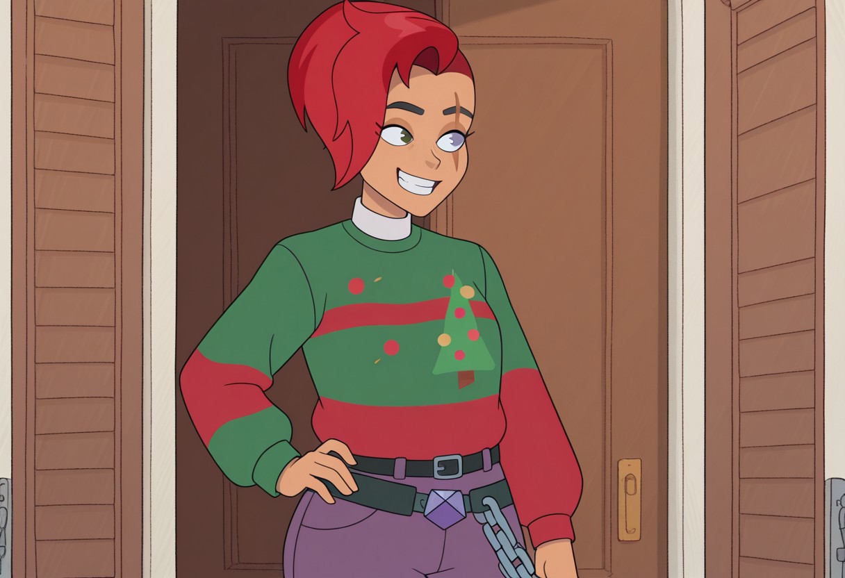 score_9_up, score_8_up, masterpiece,amazing quality,best quality,ultra-detailed,8K,illustration, amazing quality,easynegative, score_7_up, the professor, solo, red hair, smile, short hair, belt, pants, chain, pants, scar, scar on face, 1girl, grin, sweater,christmas sweater