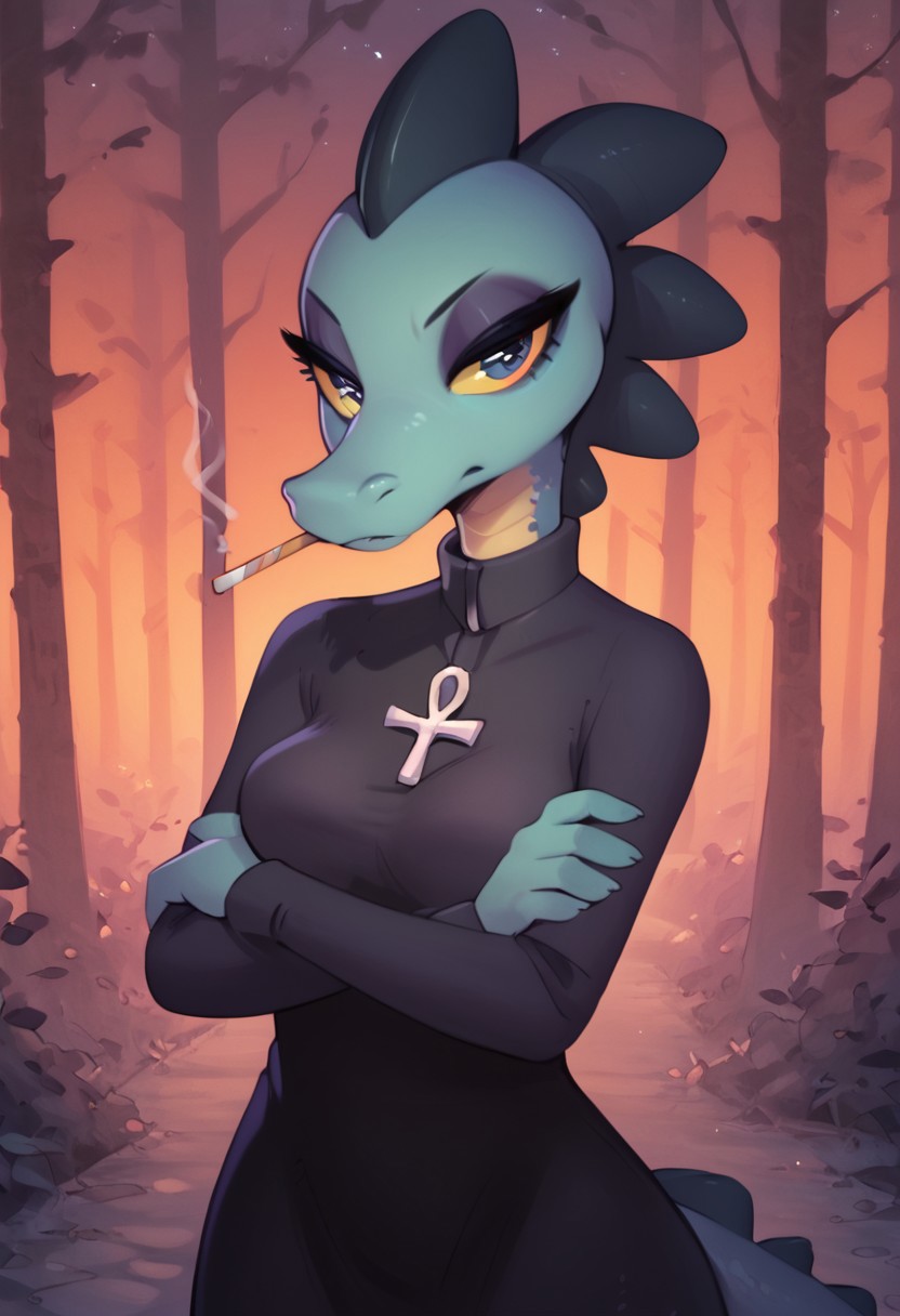 score_9, score_8_up, score_7_up, score_6_up, best quality, highly detailed, intricate details, extremely detailed, thick outlines, detailed face, detailed eyes, detailed fur, masterpiece,
anthro, female, solo, 1girl, bea santello, scalie, teal skin, crocodile, yellow sclera, red pupils, black dress, long sleeves, ankh, standing, arms crossed, cigarette, grumpy, outside, forest, night, upper body focus, detailed background,