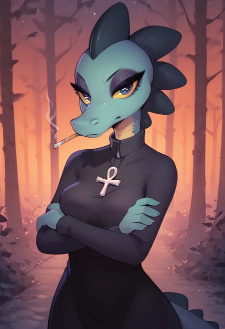 score_9, score_8_up, score_7_up, score_6_up, best quality, highly detailed, intricate details, extremely detailed, thick outlines, detailed face, detailed eyes, detailed fur, masterpiece,
anthro, female, solo, 1girl, bea santello, scalie, teal skin, crocodile, yellow sclera, red pupils, black dress, long sleeves, ankh, standing, arms crossed, cigarette, grumpy, outside, forest, night, upper body focus, detailed background,