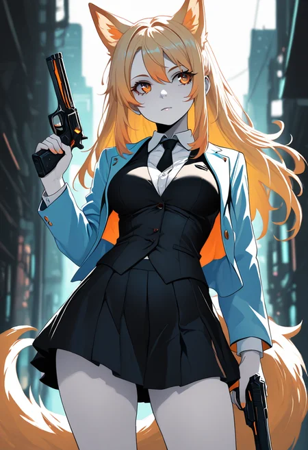 pale skin, <lora:CatGirlStyleNeon_V1-000003:1>, Smooth Quality,
1girl, blonde hair, (amber eyes:1.5), fox ears, fox tail, masterpiece, 4k, medium breasts, cute, adult, neon edge, shirt with buttons, jacket, vest, black skirt, blue eyes, tie, gun in hand, CatGirlNeonStyle