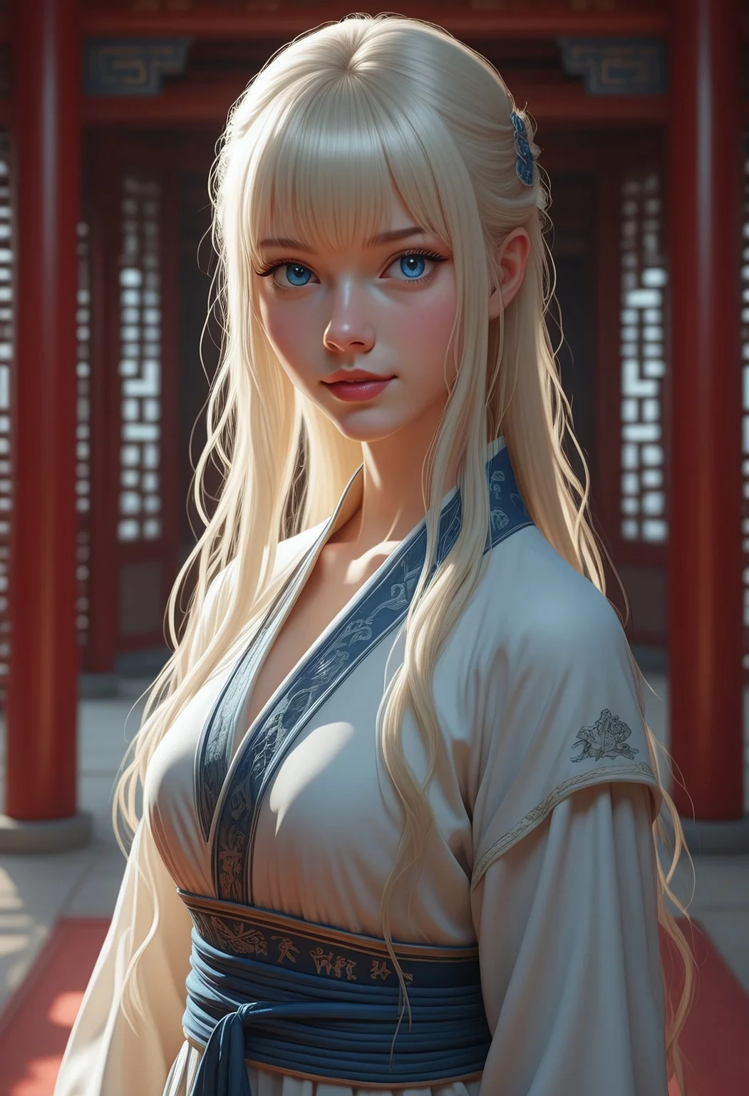 safe_pos, This is a highly detailed, digital illustration in a realistic fantasy style,
The image shows Lea, a girl with fair, porcelain-like skin, long platinum-blonde hair with bangs that frame her face, and a petite, slender figure, and a small nose, small-medium breast, and blue eyes.
,outdoor, chinese hanfu, indoors, chinese temple, standing, posing, smiling, happy, lovely, cowboy shot, dutch angle