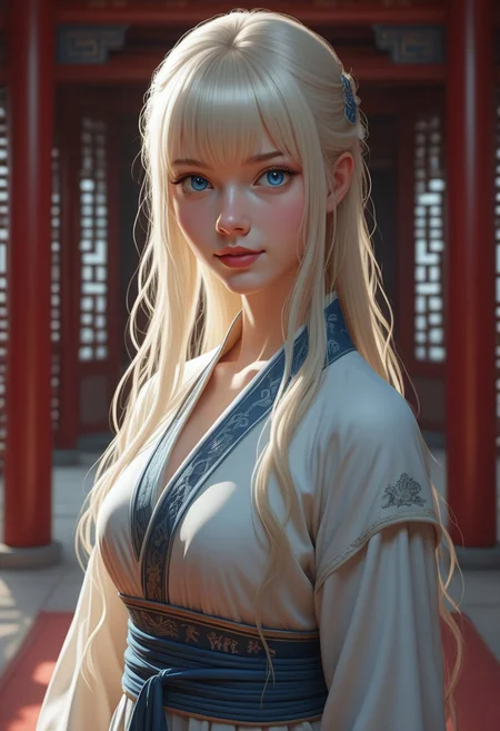 safe_pos, This is a highly detailed, digital illustration in a realistic fantasy style,
The image shows Lea, a girl with fair, porcelain-like skin, long platinum-blonde hair with bangs that frame her face, and a petite, slender figure, and a small nose, small-medium breast, and blue eyes.
,outdoor, chinese hanfu, indoors, chinese temple, standing, posing, smiling, happy, lovely, cowboy shot, dutch angle