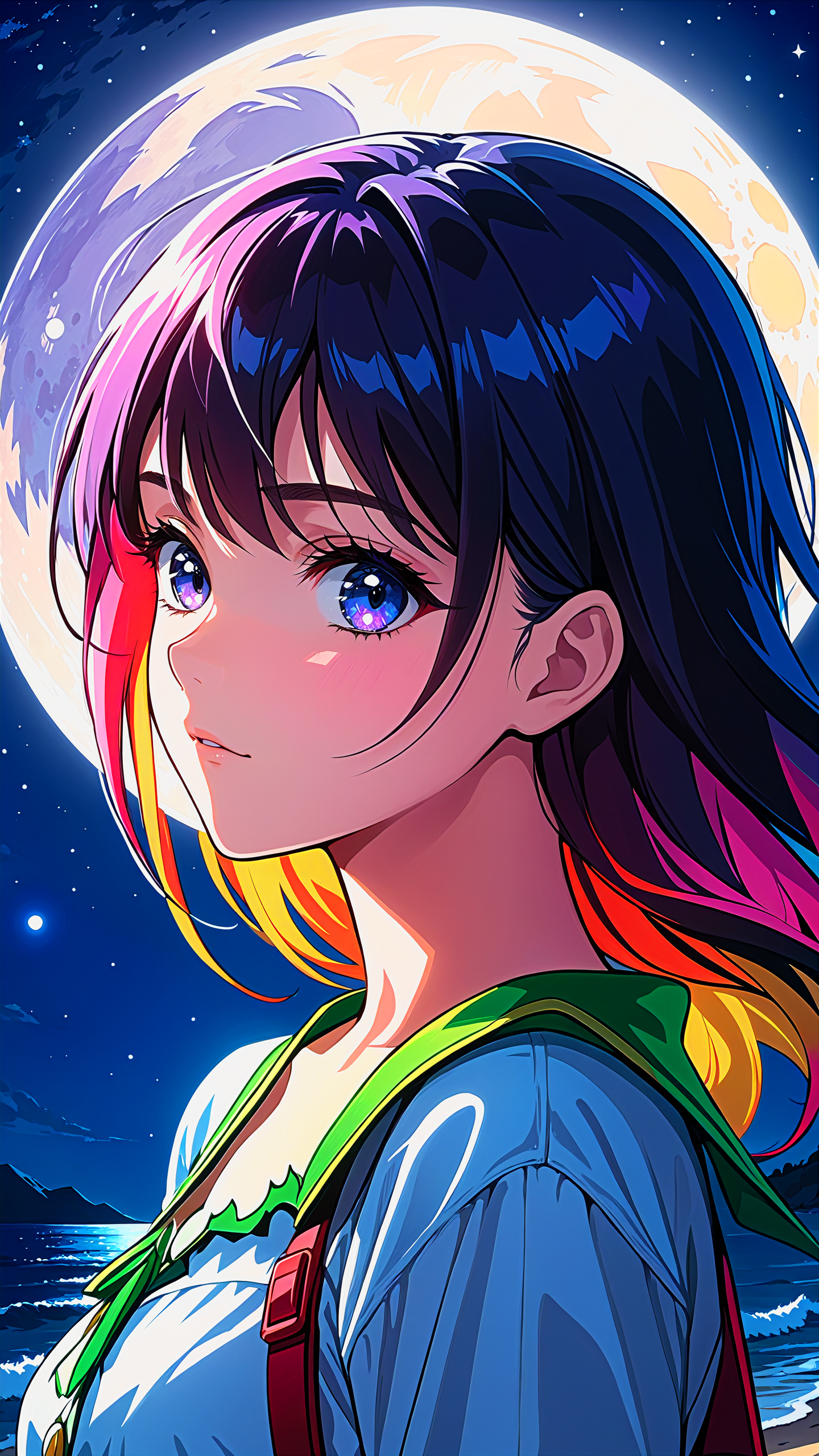 masterpiece, best quality, ultra high res, extreme detailed, colorful, highest detailed, visually stunning, by dino 1girl, dramatic moonlight, solo focus, 1girl, beautiful face
