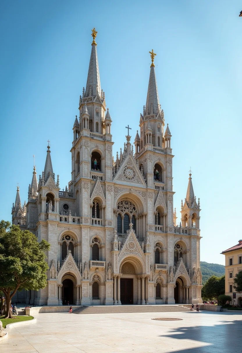 detailed city
Before you stands a grand basilica, its intricate Gothic architecture commanding attention as the towering spires stretch gracefully into the clear blue sky. The delicate carvings and soaring arches reflect centuries of craftsmanship, a true masterpiece of cultural and historical significance. Bathed in soft sunlight, the building casts dramatic shadows across the plaza, blending seamlessly with the surrounding landscape. The basilica stands in quiet solitude, a timeless marvel that continues to evoke awe through its silent testimony to tradition and visionary design, undisturbed by the flow of time.