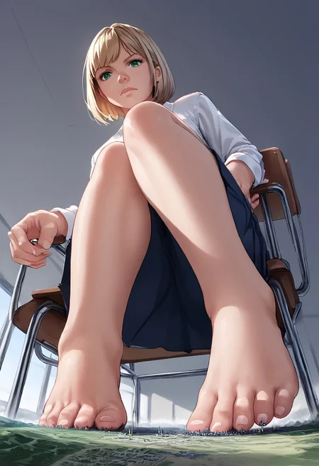 score_10, score_9, score_8_up, score_7_up, source_anime, perfect feet, perfect toes, stepping on viewer, rating_questionable, from below, 1girl, solo, belatricepamford, straight hair, blonde hair, green eyes, macro, on chair above, perspective, DoF, volumetric lighting, full body, skirt, floor pov, forced perspective, barefoot