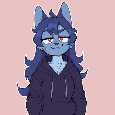 score_9_up, score_8_up, score_7_up, score_6_up, by remanedur, half-length portrait, furry female, ears, furry, blue hair, long hair, looking at viewer, solo, smile, smug, smug face, smug grin, three-quarter view, suggestive gesture, dolphin shorts, hoodie, sneakers, sweat, standing, tail, simple background, white outline, <lora:Leah_Pines(AIM)_XL_v1:0.25> <lora:PDXL_artist_tags_v2_big:0.6> <lora:The-Minuscule-Task_PDXL_v1.0:0.6> <lora:Mini_Puppy_In_Space:0.75>