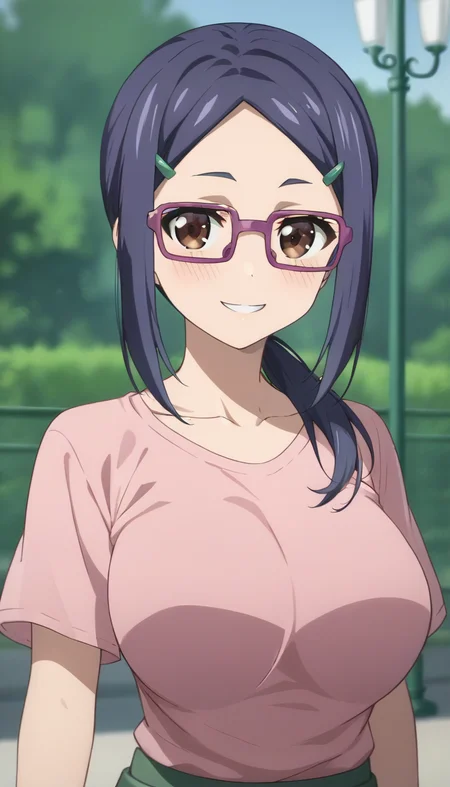score_9,score_8_up,score_7_up,score_6_up BREAK official art,solo,outdoors,upper body,(portrait:1.5),looking at viewer,facing viewer,smile,blush,Ami Asai,long hair,purple hair,ponytail,hair ornament,hairclip,sidelocks,parted bangs,forehead,brown eyes,purple-framed eyewear,collarbone,t-shirt,pink shirt,short sleeves,large breasts,skindentation,green pants,thighs,sneakers,<lora:Ami Asai(uwa)-Pony:1.5>,