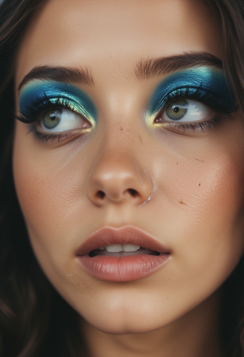 This is a high-resolution photograph of a close-up of a person's face, focusing on the nose and mouth. a woman with fair skin and closed eyes, wearing vibrant makeup. Her eyelids are adorned with shimmering, iridescent blue eyeshadow that extends beyond her eyelashes, creating a striking contrast against her skin. Her eyelashes are long and black, with a subtle curve at the tips. SHe has a nose Piercing,