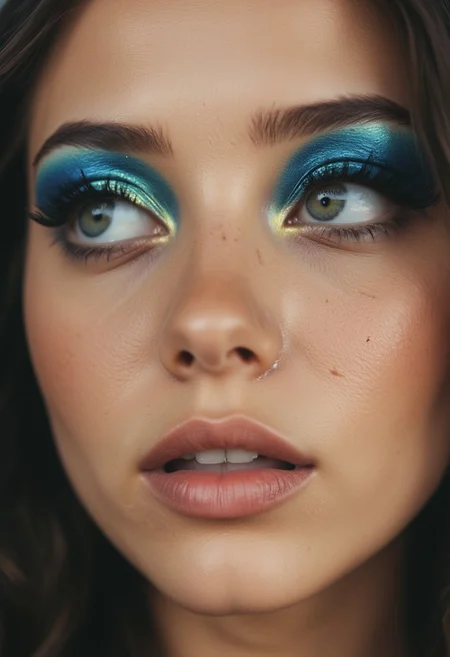 This is a high-resolution photograph of a close-up of a person's face, focusing on the nose and mouth. a woman with fair skin and closed eyes, wearing vibrant makeup. Her eyelids are adorned with shimmering, iridescent blue eyeshadow that extends beyond her eyelashes, creating a striking contrast against her skin. Her eyelashes are long and black, with a subtle curve at the tips. SHe has a nose Piercing,