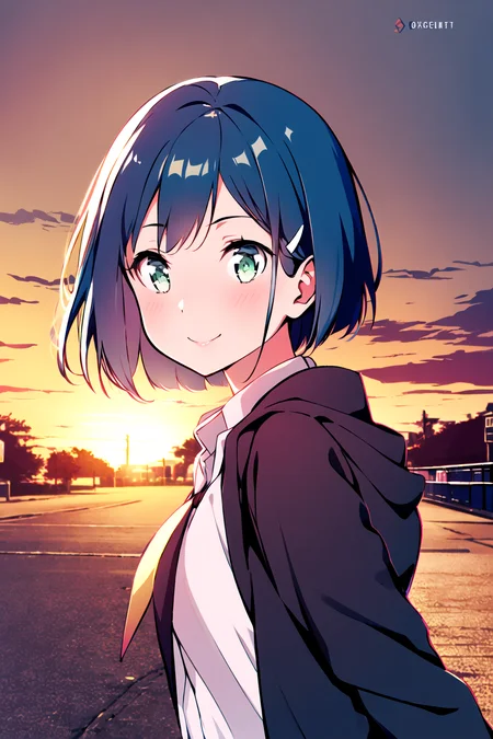 masterpiece, best quality, 1girl, solo, smile, <lora:meryV2:0.8>, <lora:ichigoV2:0.8>, blue hair, green eyes, school uniform, hood, jacket, (expressionless), cowboy shot, sunset, street, hairclip,