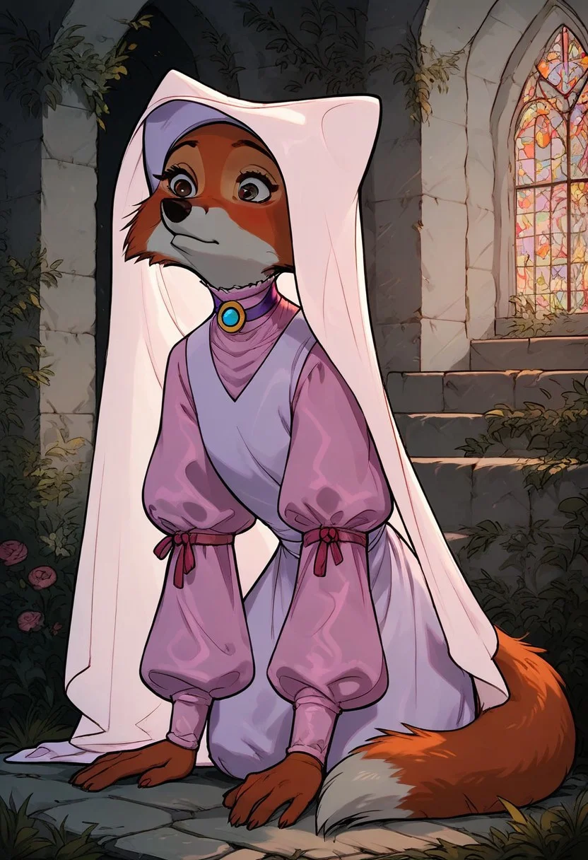 score_9, score_8_up, score_7_up, score_6_up, 1 anthro fox girl, Maid Marian, sexy face, cute face, blue eyes, hazel eyes shy , nose blush, medium boobs, chest up, grey fur, bald, fullbody, looking side, (medieval church background:1,2), side, full body view, crawling on all fours, strong feeling