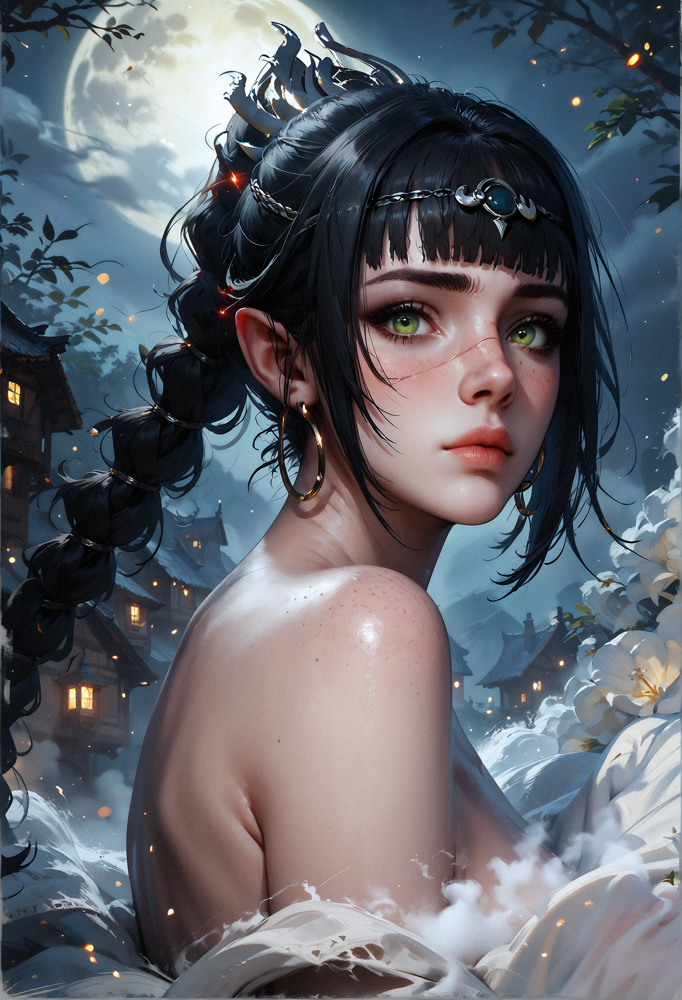 score_9, score_8_up, score_7_up, score_6_up, score_5_up, score_4_up, ShhBG3, black hair, fringe, circlet, green eyes, freckles, nose scar, pointed ears, long hair, ponytail, dark fantasy, seductive expression, black hair braided, pale skin, look of surprise, light blush,   side shot, head turned, seductive look, looking directly at the viewer, focus on the face, close-up photo,  bare shoulders, hoop, sheet on shoulders,   huge moon in the background, medieval fantasy atmosphere, moonlight, fog, mysterious and enchanting setting,   <lora:ShadowheartBG3PDXL_V1-Manityro-adamw> <lora:Concept Art DarkSide Style LoRA_Pony XL v6:0.8> concept art,