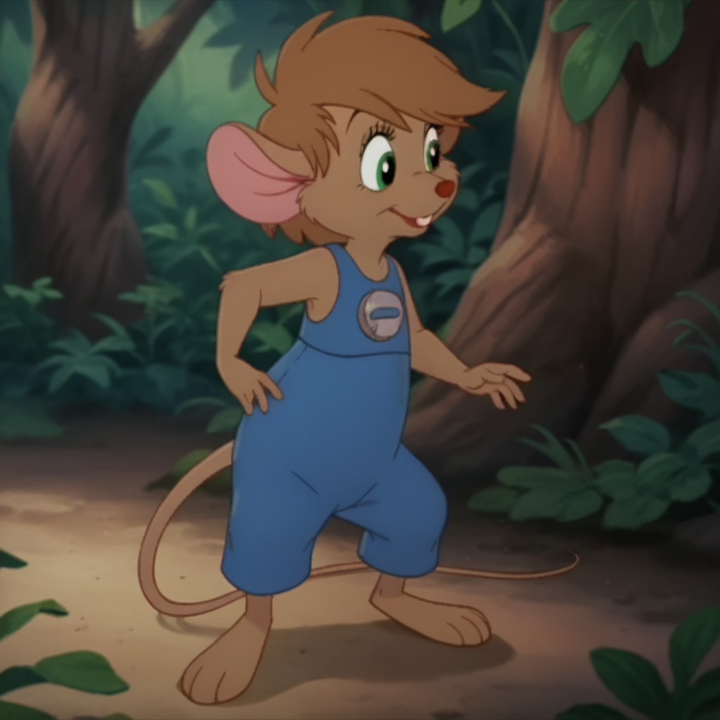 score_9, score_8_up, score_7_up, score_6_up, score_5_up, score_4_up, source_furry, abigailouafv2, semi-anthro, female, mouse, brown fur, green eyes, brown hair, short hair, blue overalls, in a forest, , <lora:4528f875-846c-445f-a160-c46d41144f99:0.7>