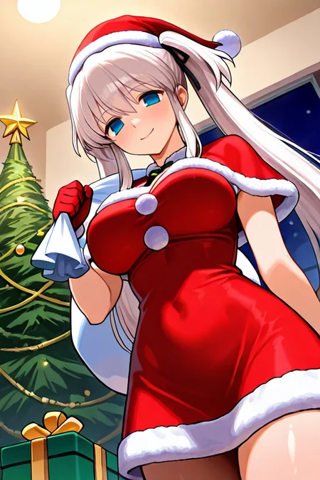 masterpiece, High quality, Ultra detailed, 2d, newest, absurdres, highres, BREAK
1girl, solo, <lora:nao:0.8>, nao_(mabinogi), long hair, twintails, white hair, sidelocks, black hair ribbon, blue eyes, smile, 
large breasts, naoNd, santa costume, santa hat, christmas, sack, merry christmas, gift, fur-trimmed headwear, holding sack, santa dress, fur-trimmed dress, christmas tree, christmas tree, fur trim, red capelet, gift box, red gloves, fur-trimmed capelet, santa gloves, red hat, hat, 
from below,