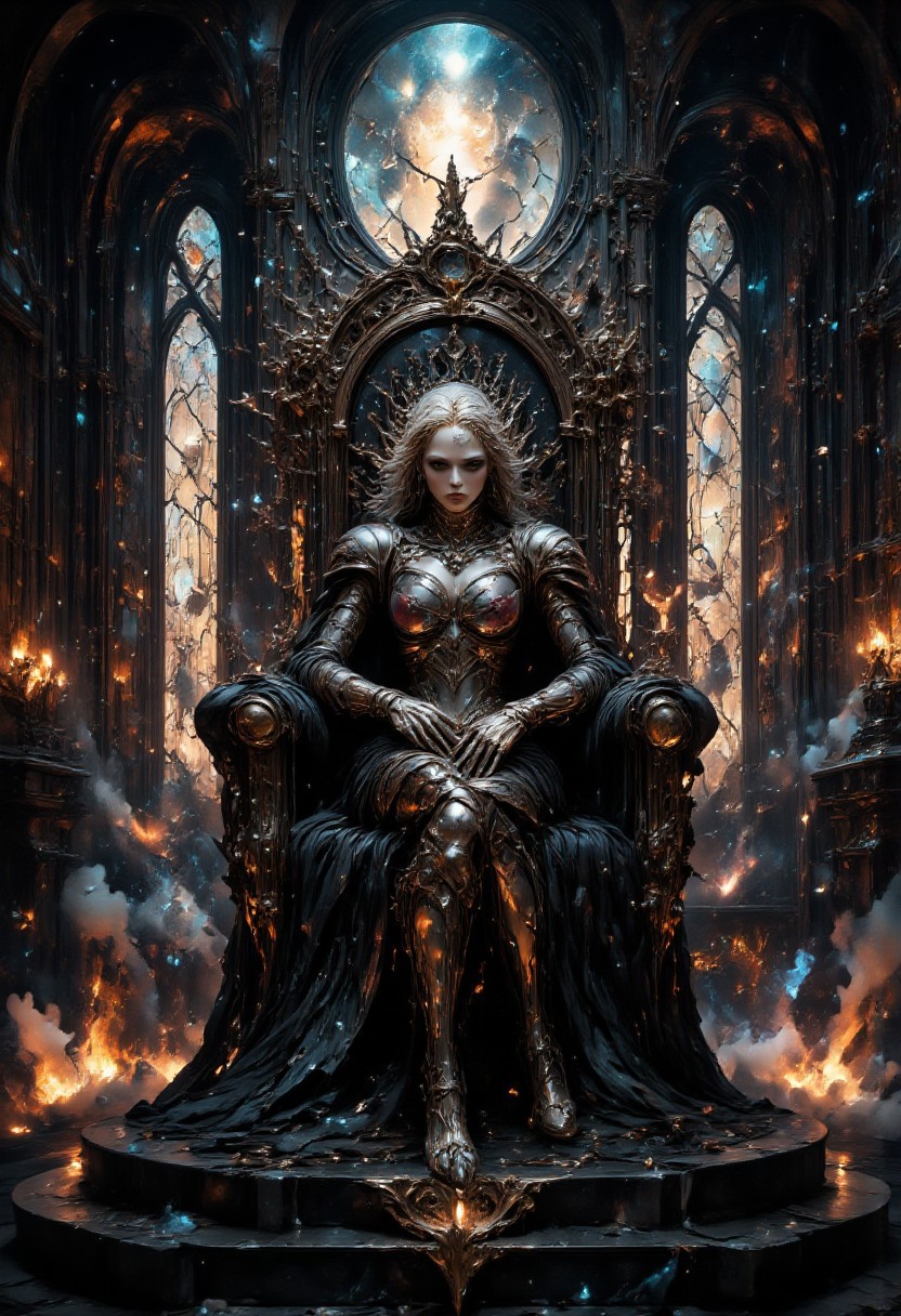 ethereal vampire queen, regal vampire with piercing eyes and porcelain skin, adorned in flowing black gown with intricate silver embroidery, seated on an ebony throne carved with arcane symbols, surrounded by ancient tomes and mystical artifacts, castle walls adorned with pulsating runes casting an eerie glow, moonlight filtering through ornate stained glass windows, creating a captivating interplay of light and shadow, crystalline chalice, ancient spell book, lurking familiar, dark romanticism style, swirling mist curling around the throne, glowing runes pulsating with ethereal energy, shimmering aura surrounding the vampire, floating candles casting dancing shadows, spectral wisps drifting through the air, glowing eyes peering from dark corners, ayami kojima style, the vampire is hauntingly beautiful with alabaster skin, piercing silver eyes, and flowing platinum hair cascading over her shoulders, asymmetrical composition with focal point off-center