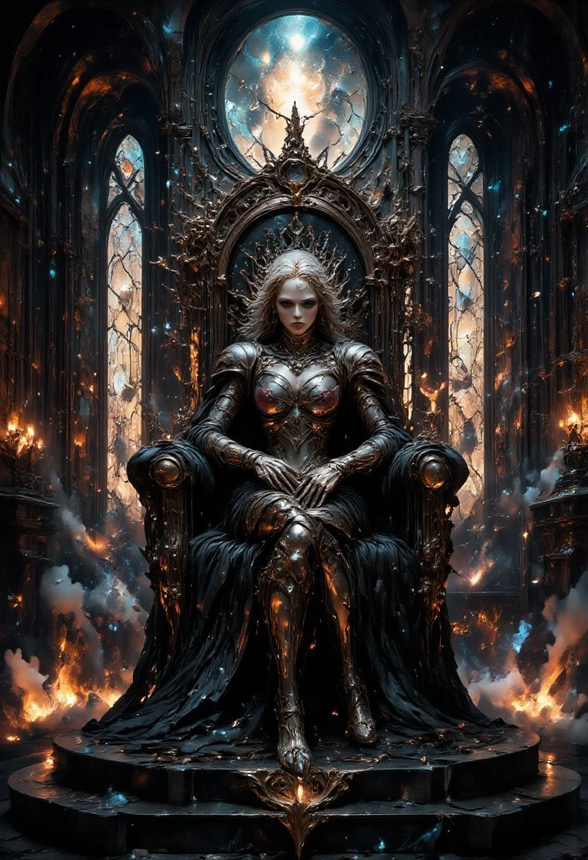 ethereal vampire queen, regal vampire with piercing eyes and porcelain skin, adorned in flowing black gown with intricate silver embroidery, seated on an ebony throne carved with arcane symbols, surrounded by ancient tomes and mystical artifacts, castle walls adorned with pulsating runes casting an eerie glow, moonlight filtering through ornate stained glass windows, creating a captivating interplay of light and shadow, crystalline chalice, ancient spell book, lurking familiar, dark romanticism style, swirling mist curling around the throne, glowing runes pulsating with ethereal energy, shimmering aura surrounding the vampire, floating candles casting dancing shadows, spectral wisps drifting through the air, glowing eyes peering from dark corners, ayami kojima style, the vampire is hauntingly beautiful with alabaster skin, piercing silver eyes, and flowing platinum hair cascading over her shoulders, asymmetrical composition with focal point off-center