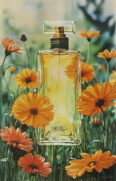 masterpiece,best quality,<lora:tbh316-sdxl:0.9>,illustration,style of Bill Blass A bottle of perfume in garden